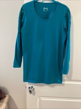 Denim&Co Teal Long-Sleeve Tunic with Lace Shoulder Accents